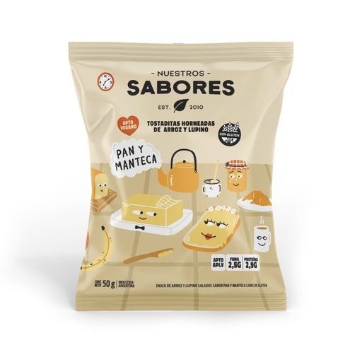 Nuestros Sabores - Pan y Manteca - Tostaditas horneadas de arroz y lupino 50gr