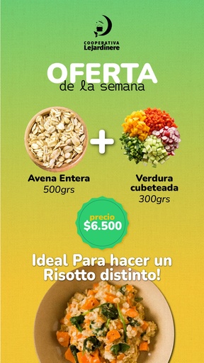 Avena pelada entera 500grs + bandeja de verdura cubeteada